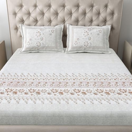 Image of Mafatlal 186 TC Spring Glory King Size Bedsheet Cotton | 274 x 274 cm | Summer-Ready Bedding Fabric for Relaxing Sleep | Pure Cotton Set with 2 Pillow Covers | Chalk White