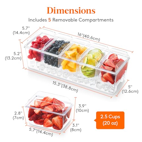 Lifewit Ice Chilled Condiment Caddy with 5x 20oz(2.5 cup) Containers, 15.3" Condiment Server with Separate Lids, Serving Tray Platter with Removable Dishes for Bar, Fruit, Salad, Taco, Party Garnish - Image 4