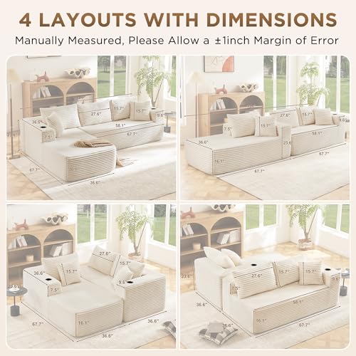 Image of Modular Compressed Sectional Sofa Set - Velvet Corduroy Upholstery, Convertible Couch with Cup Holders and Pillows for Living Room, Beige