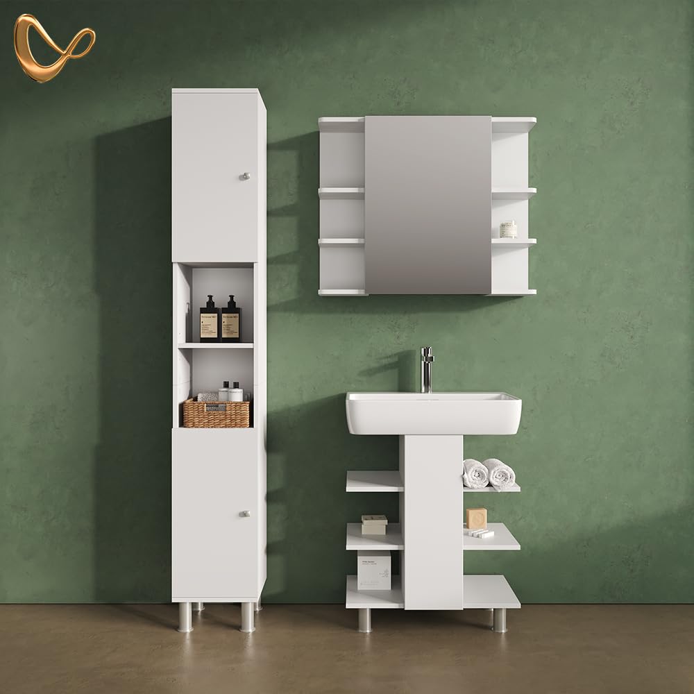 Livinity Mobiletto per lavabo Fucino, Bianco, 60 x 70 cm con 6 ripiani