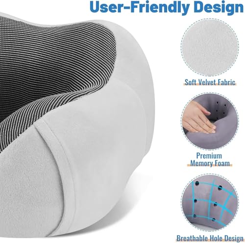 Image of CloudBliss Travel Pillow for Plane, Memory Foam Neck Pillow for Traveling, Airplane Pillow with Eye Mask, Earplugs, Storage Bag, Compact Neck Pillow for Long Flight Sleep, Travel Essentials Light Grey