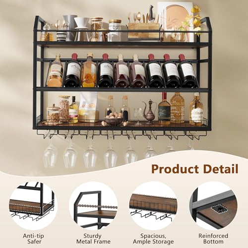 Image of Hoctieon Wall Mounted Wine Rack, 31.5 inch Wall Wine Rack for Display and Storage, Hanging Bottle Holder, for Living Room, Dining Room, Bar, Wine Cellar, Rustic Brown