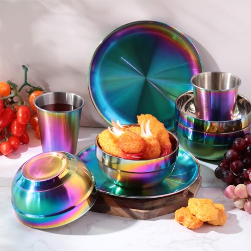 Layhit-30-Pcs-Rainbow-Stainless-Steel-Dinnerware-Set-Include-Set-of-10-Plates-Bowls-Cups-Iridescent-Cooking-Tableware-Reusable-Metal-Dishes-Cutlery-Bulk-for-Camping-Picnic-Kitchen-Dessert-Salad-Dinner