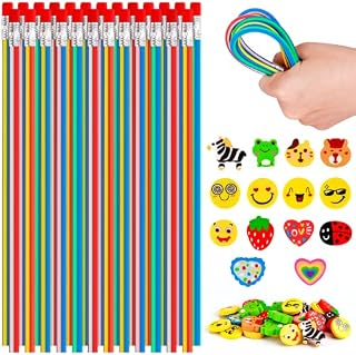 53pcs Kids Party Bag Filler Set - 25pcs Soft Flexible Magic Bendy Pencils, 20pcs Novelty Animal Erasers, 8pcs Emoji Smiley Rubbers, Children Party Toys School Fun Stationary Equipment