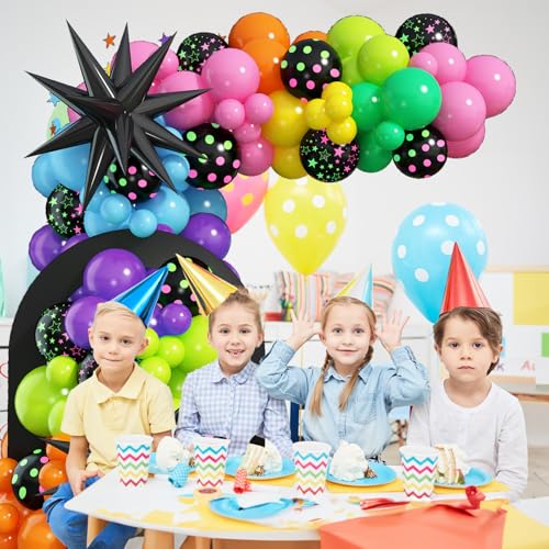 Image of Rainbow Balloon Arch Garland Kit, 137pcs Colorful Balloons whit Rainbow Star Dot Glow Dark Balloons for Dark Party Let's Glow Birthday Wedding Back to 80s 90s Disco Rock Roll Party Decoration