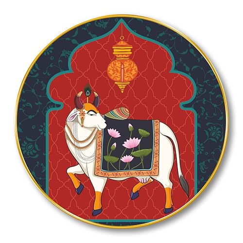Image of SAF Round Sacred Cow Wall Painting - Golden Frame | Divine Pooja Room Wall Art with Lotus Motif | Traditional Hindu Religious Decor for Home Temple Living Room Gift