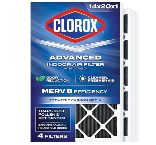 Clorox 14x20x1 Air Filter MERV 8 with Carbon Reduces Pet Smells Cooking Smells and More Pleated HVAC AC Furnace Filter 4-Pack (Actual Size 13.75 x 19.75 x 0.75) Made in USA