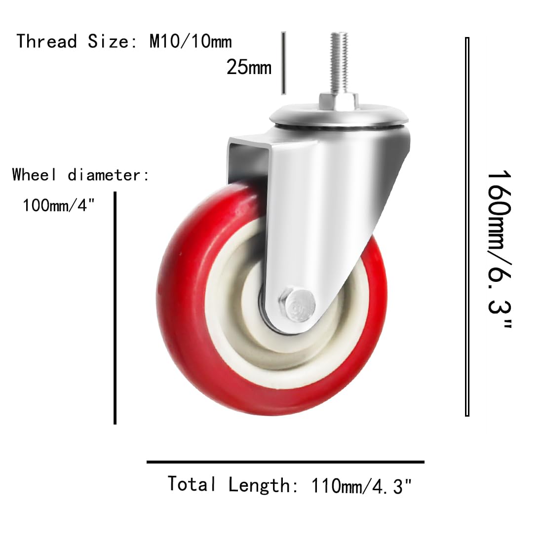 Ruote piroettanti con perno, ruote robuste con doppio bloccaggio e ruote in PU rosse, silenziose e senza segni, con filettatura metrica M10-1.5x25mm, ruote per carichi pesanti, confezione da 4