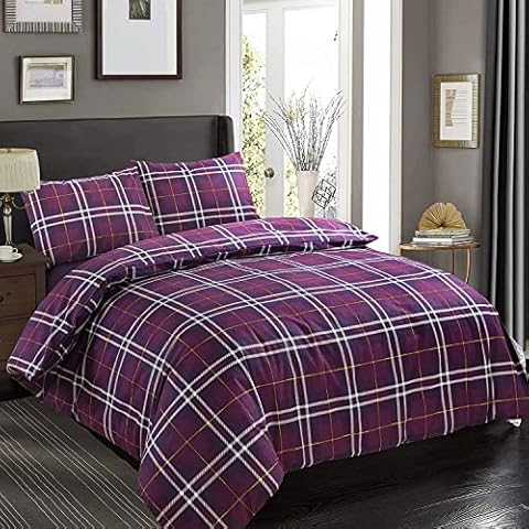VL Tartan Check Flannelette Duvet Cover Sets Brushed Cotton Flannel Fleece Double Duvet Set with Pillow Covers Reversible Easy Care Warm Cosy Thermal Bedding Set (Purple, Double) Cover