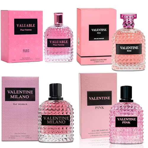 A CENTER 4PCS Perfume Set for Women - Floral Fragrance Gift Set with Vanilla Sweet Fruity Eau De Parfume| 3.4 Fl Oz Each Womens Cologne(Valentine Milano/Rose/Pink Valuable )