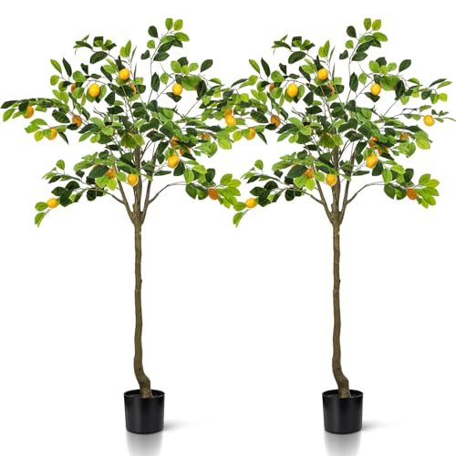 Jexine 2 Pack Artificial Lemon Tree 5 ft Tall Fake Plant Pre Potted Faux Lemon Tree Realistic Fruits...