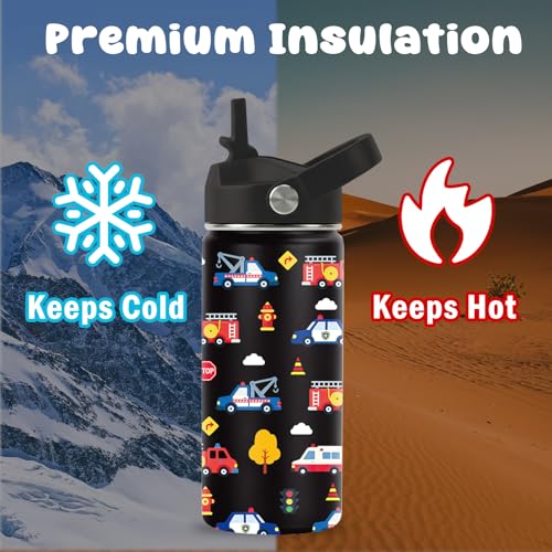 Botella de Agua Construction para Niños, Termo de Acero Inoxidable Aislado de 16oz con Tapa y Pajilla, Diseño de Vehículos de Rescate de Emergencia miniatura 6