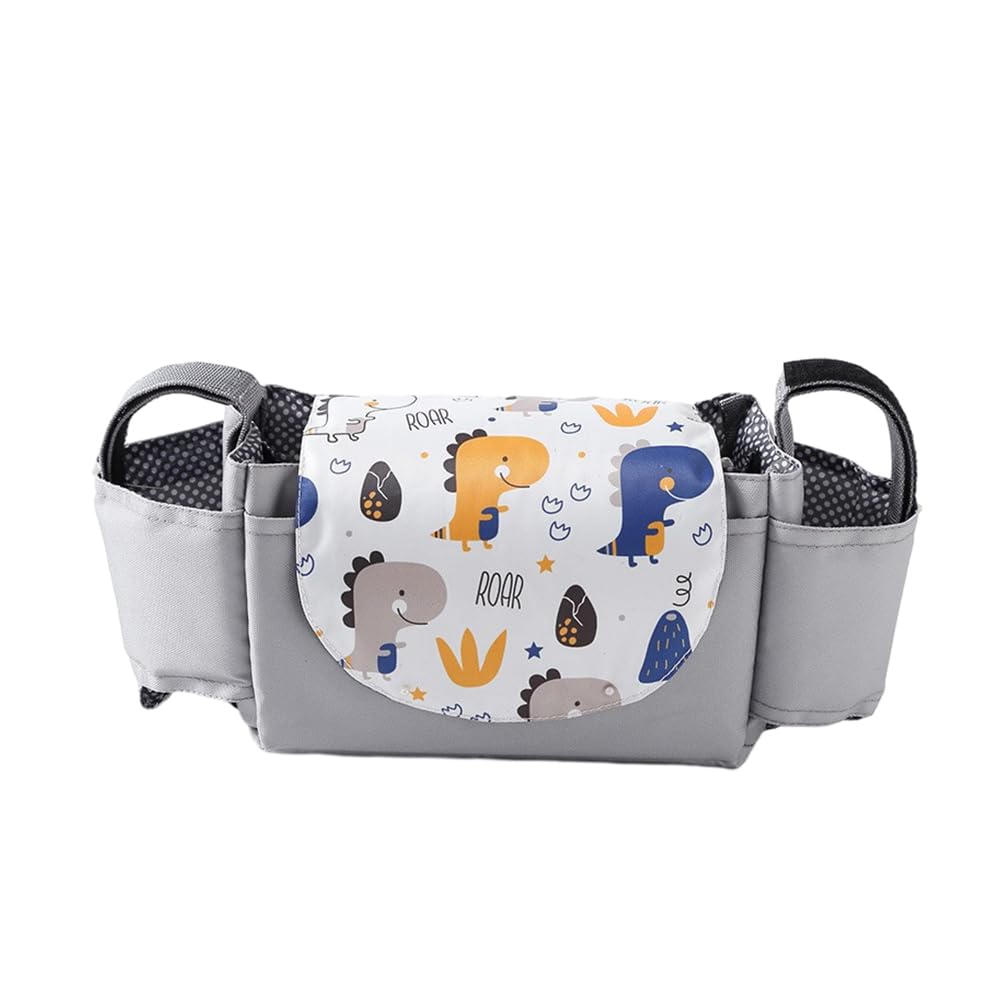 Hiseng Pram Bag Pram Accessories with Cup Holders, Zoo Print Universal Pram Organiser Multifunctional Buggy Bag, Pram Organiser Bag for Diaper Storage, Baby Bottle Toys (Dinosaur,35x15x11cm)