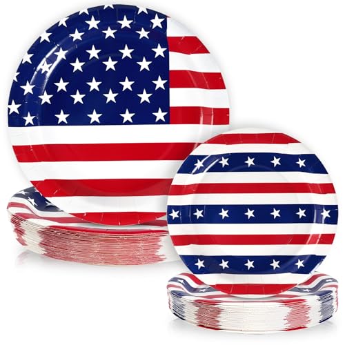 50 Pcs American Flag Patriotic Party Supplies Red White and Blue Paper Plates 7 & 9 Disposable Dinner Dessert Tableware Set for Veterans Election Day 4th of July Independence Day Decorations