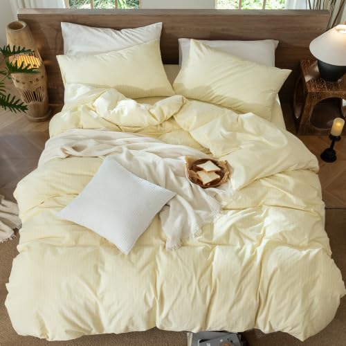 Image of MooMee Striped Duvet Cover Set 100% Washed Cotton Linen Like Queen | Relaxed Linen-like Texture. Soft, Breathable & Long-lasting Comfort. Lightweight. Hidden Zipper with 8 Interior Corner Ties