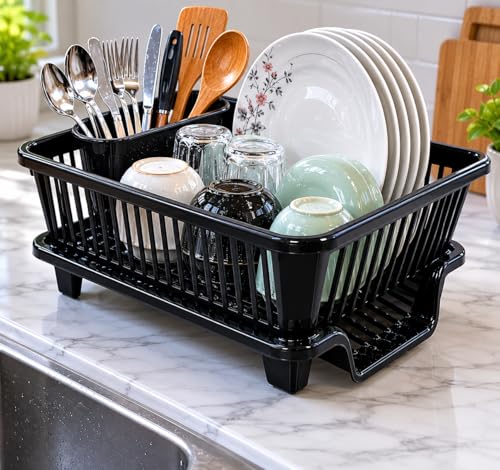 Image of Dish Rack, 3 in 1 Large Plastic Drainer Drying Rack Washing Basket with Tray, Utensil and Cutlery Organiser
