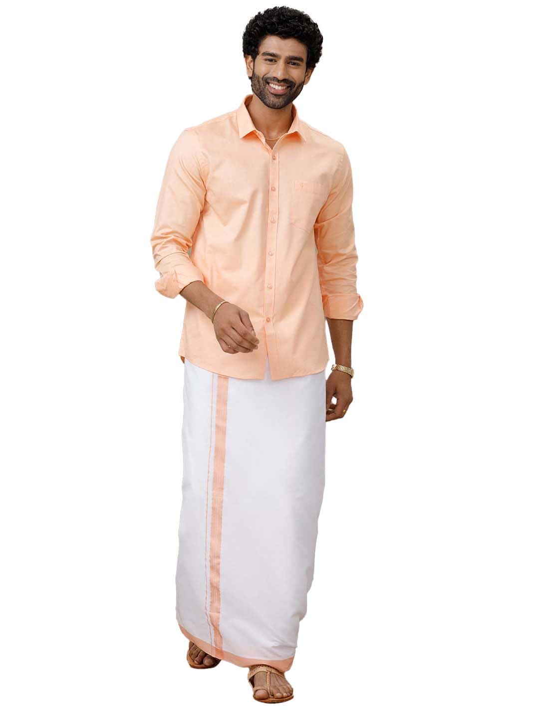 Ramraj Men Cotton Blend Full Sleeve Solid Shirt With Matching Border Dhoti