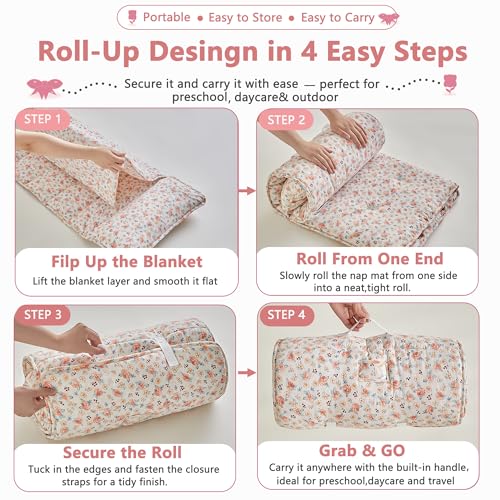 Image of Toddler Nap Mat with Removable Pillow,Ultra Soft Slumber Bags for Girls,Kids Sleeping Bags with Roll Up Design, Perfect for Preschool,Daycare,Kindergarten