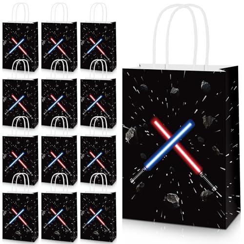 HIYZI 24 Pcs Star Themed Party Favor Goodie Paper Bags Universe Star Decorations Party Supplies Gift Bag Candy Bags Handbag for Kid Boy Girl Birthday Baby Shower