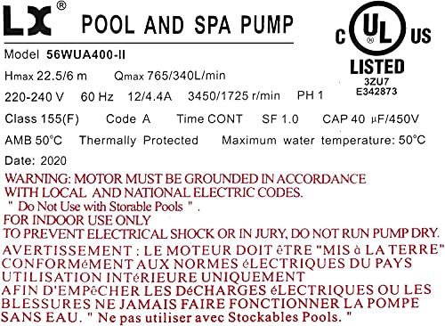 KL Key Lander Hot Tub Spa Pump, 4HP, Two Speed, 56Frame LX Motor (220-240V/60Hz); 2" Port; OEM# #0982601-03; 1431601-03 and 56WUA400-II - Image 3