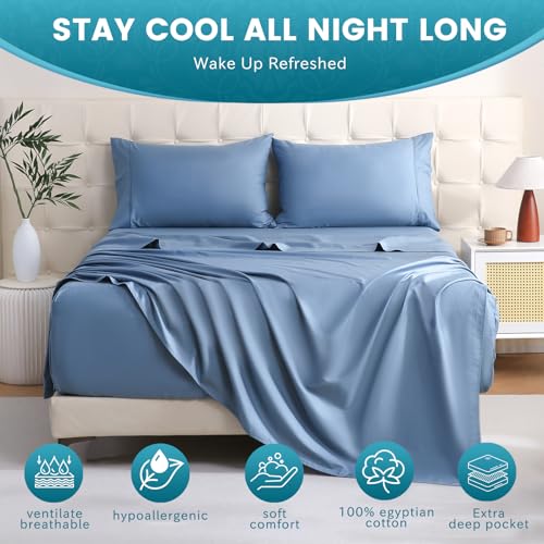 Bedlifes King Sheet Set, Extra Deep Pocket 18-24 Inches,1000Thread Count 100% Egyptian Cotton, Soft and Breathable Sateen 4-Piece,Mineral Blue