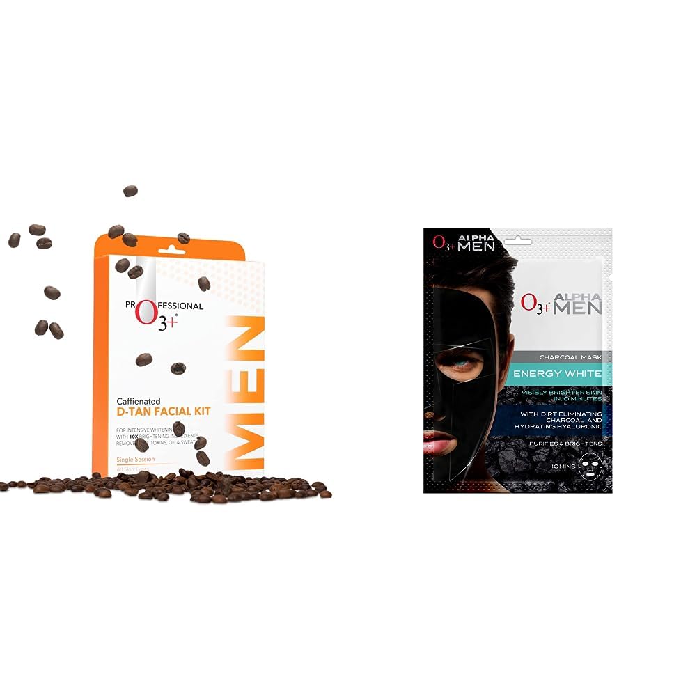 O3+ Caffeinated D-Tan Facial Kit & O3+ ALPHA MEN Energy White Charcoal Face Sheet Mask 30g with Charcoal & Hydrating Hyaluronic to Purify & Brighten Skin Combo-image-9
