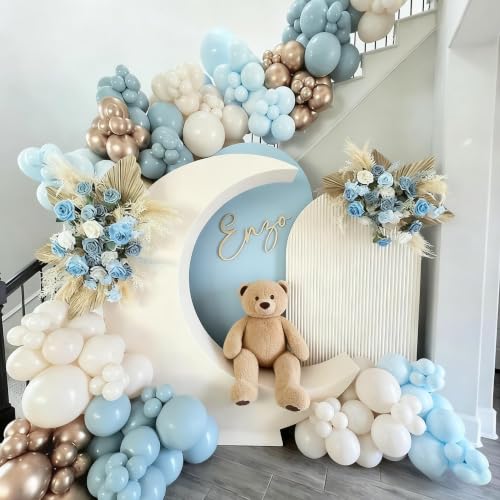 Image of HILAVO Dusty Blue and Gold Balloons, 60 PCS 12 Inch Slate Fog Pastel Baby Blue Sand White and Gold Balloons for Baby Boy Shower Bridal Shower Birthday Wedding Party Decorations