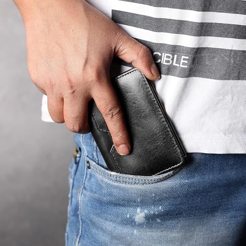 Image of Contacts Genuine Leather Slim Card Wallet for Men | RFID Blocking Minimalist Front Pocket Wallet | Compact Bifold Card Holder with Cash Slot (Black)