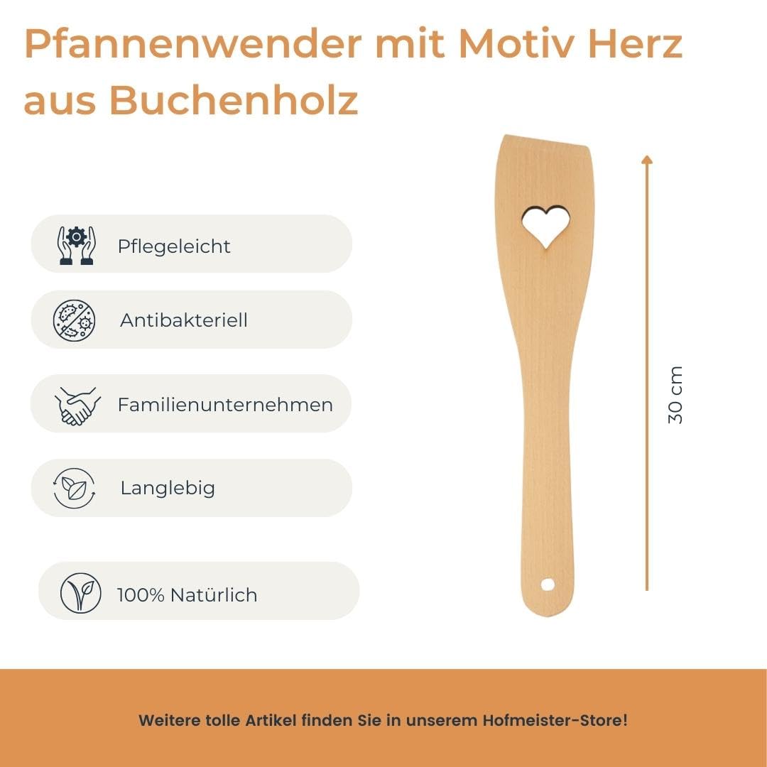 50x Pfannenwender, 30 cm, hitzebeständig & plastikfrei, keine Kratzer in beschichteten Pfannen, kein Plastik im Essen, 100% Naturprodukt, Buchen-Holz, Herz