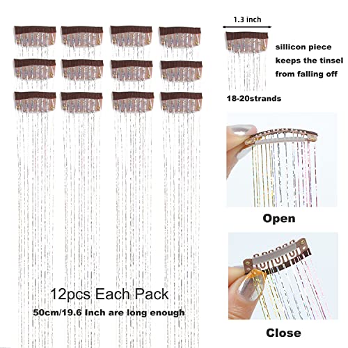 Silver Hair Tinsel Clip In 12Pcs 19.6Inch Tinsel Hair Extensions Clip In Hair Tinsel Kit Heat Resistant Shiny Sparkle Fairy Hair Glitter Hair Extensions Accessories For Women Girls Kids #TOP2
