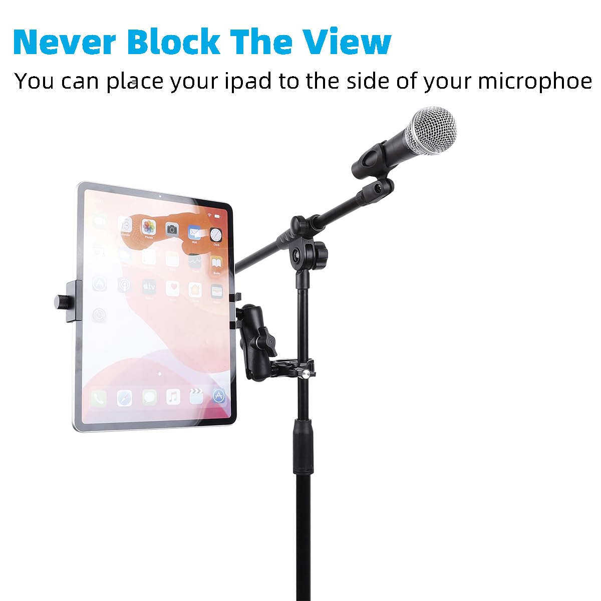 Supporto per tablet in alluminio per microfono, supporto laterale per tutti gli iPad, girevole a 360 gradi con morsetto super compatibile per iPad Pro 12.9, Air, Mini, Galaxy Tabs, tablet da 4,7-15