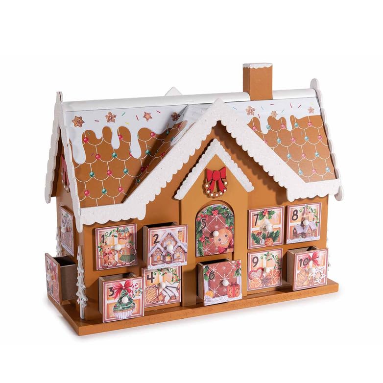 Gruppo Maruccia - Calendario de Adviento navideño - De madera con forma de casita - Con homes pan de jengibre y 24 cajones decorados - Para regalos de bricolaje y decoraciones de Navidad