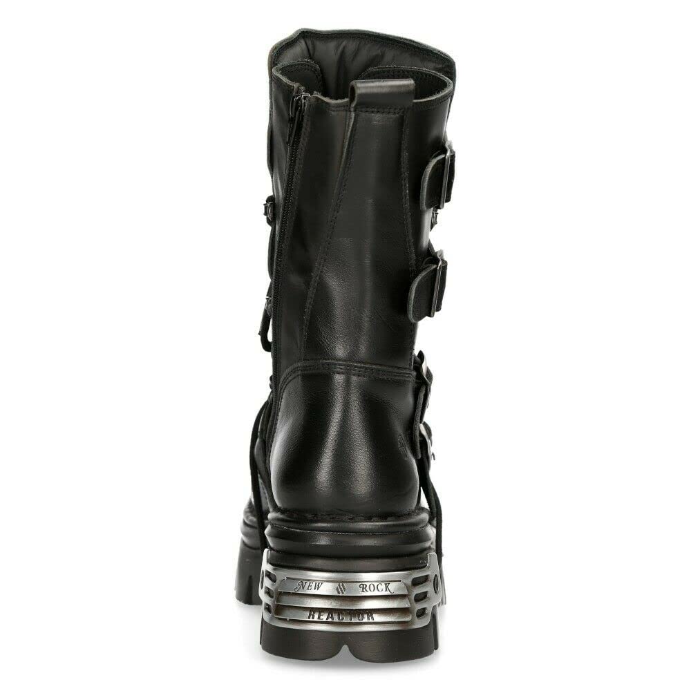 New Rock 373-S4 Bottes Gothiques Mi-Mollet Punk Gothiques en Cuir Noir Métallisé Avec Lacets et Fermeture à Boucle