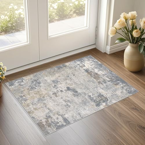 2x3 Entryway Area Rug: Washable Neutral Modern Abstract Small Rug - Non-Slip Low Pile Throw Indoor Carpet for Entrance Kitchen Front Door Mat Bathroom Entry Kids Room - Blue Grey