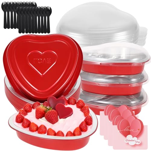 20 Pcs 22 oz Valentines Heart Cake Pans Red Oven Aluminum Foil Pans with Lids Spoon and Card Dessert Baking Disposable Cupcake Cup for Valentine Wedding Anniversary Party Baking Supplies Cooking
