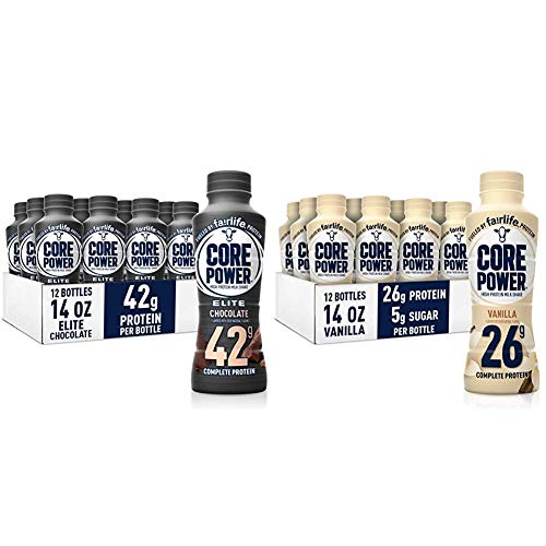 Core Power Elite High Protein Shakes (42g), chocolate, 14 fl oz Bottles (12 Pack) & Core Power fairlife Core Power High Protein Milk Shake, Vanilla, 14 Fl Oz (Pack of 12)