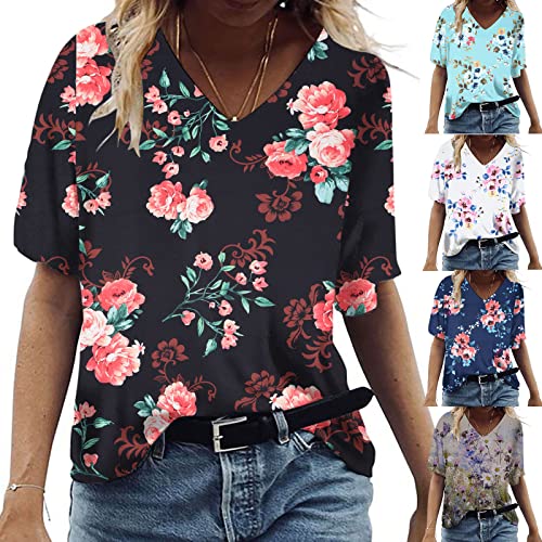 Plus Size Womens Summer Tops 2023 Trendy Floral Print V Neck T Shirts Loose Fit Short Sleeve Cute Blouses Tshirt #TOP4