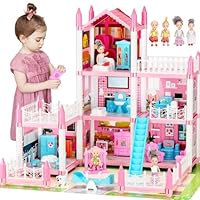 Big Doll House for Kids Ages 3 4 5 6 7 8, 3-Story 6 Rooms Princess Play House Toys with 4 Doll & Doll Furnitures, DIY Dollhouse with Light Strip