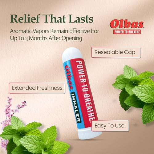 Image of Olbas Inhaler Aromatherapy, Essential Oil Inhaler with Natural Oils, 0.01 Oz Each, 3 Pack, Pocket Sized Nasal Inhaler Stick for Clear Breathing and Sinus Relief.