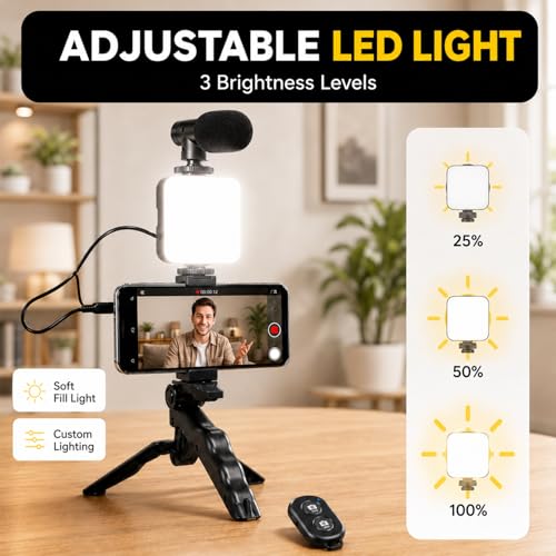 Image of Sounce 6-in-1 Vlogging Kit with Tripod | Mini LED Light, Cardioid Microphone & Phone Clip | Compatible with iPhone & Android | for YouTube, Instagram, Live Streaming & Video Calling