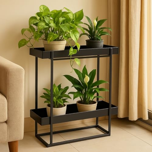 Image of ecofynd Ewan Plant Stands for Outdoor Balcony, Flower Pot Stand for Indoor Plants, Metal Planter Stand for Living Room, home decor, Indoor & Outdoor plants, 2 Tier, (PS046-BLK)