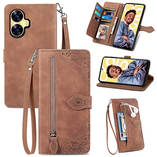 JayModCase Funda para OPPO Realme C55, Tipo Cartera Cuero Flip Carcasa Protectora, con Ranuras para Tarjetas Cierre magnético función Atril Estuche para Realme C55   Marrón