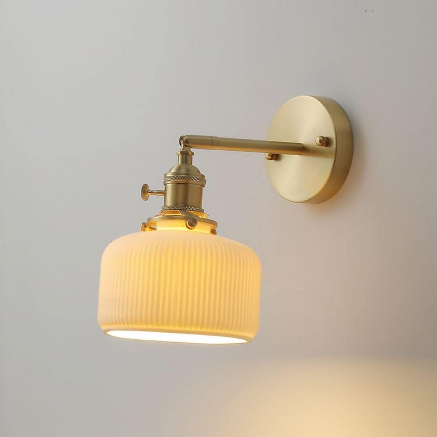 HPTHLY Wall Light Japanese Brushed Brass Adjustable Wall Sconce White Ceramic Shade E27 1-Light Wall Lamps Study Reading Wall Lighting Bedroom Bedside Wall (A)