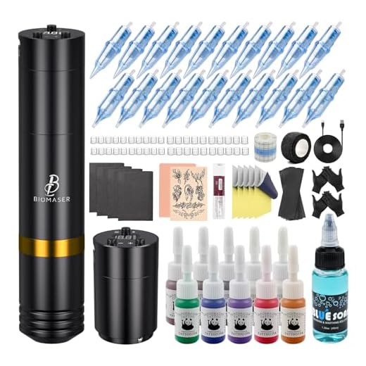 Biomaser Wireless machine Inalámbrica Rotativo Batería Máquina Kit Kit de Maquillaje Máquina con 2 pcs Batería de 1500mAh kit completo con 20 Agujas 10 Botellas de Tinta Para principiantes