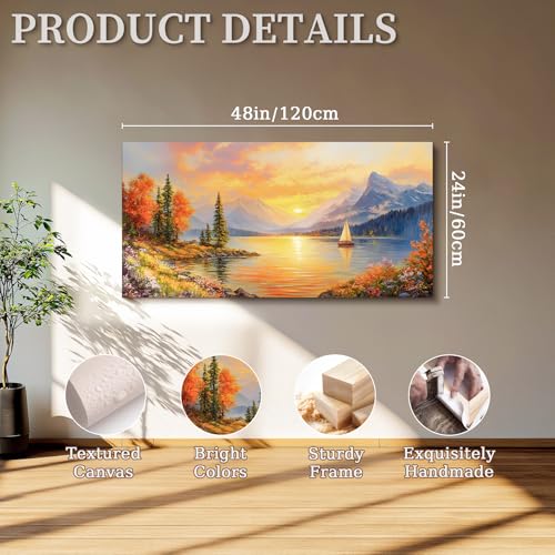 SERIMINO Sunset Landscape Large Wall Art, Mountain Lake Scenic Canvas Prints, Country Nature Scenery Artwork for Walls, Aesthetic Paintings Wall Decor Living Room Bedroom, Rustic Home Decor 24"X48"