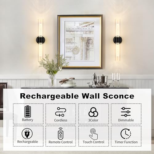 Battery Operated Wall Sconce Set of 2, Black Rechargeable Wireless Sconces 10000mAh 3000K/4500K/6000K Timer Function Battery Operated Wall Light with Remote Control for Living Room Bedroom