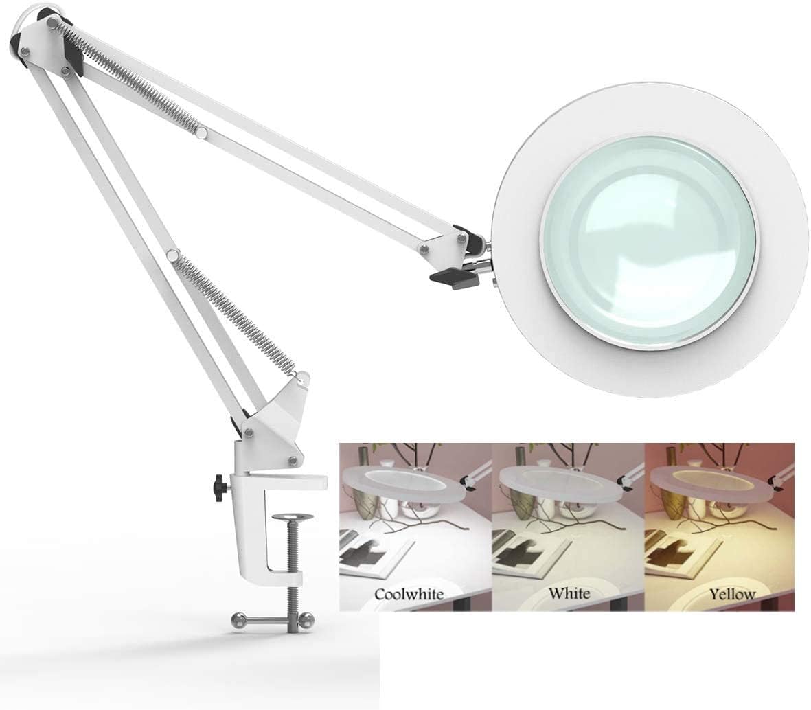 Magnifying Lamp with Clamp, 5X Magnifying Light Hands Free, Lighted Magnifier Desk Lamp with Long Swing Arm, Lighted Magnifying Glass Lamp (White)