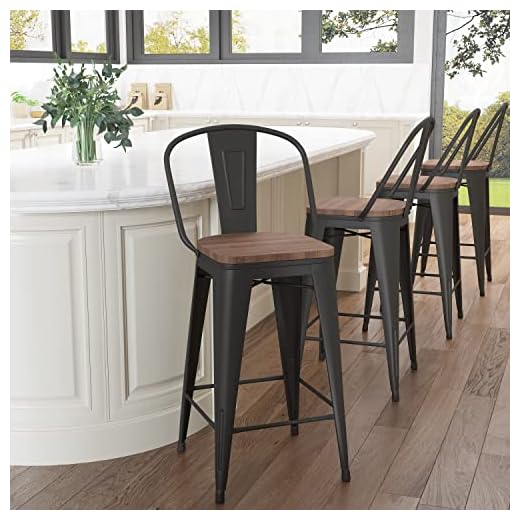Aklaus Metal Bar Stools Set of 4,26 inch Barstools Counter Height Bar Stools with Backs Farmhouse Bar Stools with Larger seat High Back Kitchen Dining Chairs Modern Bar Chairs Matte Black Stool