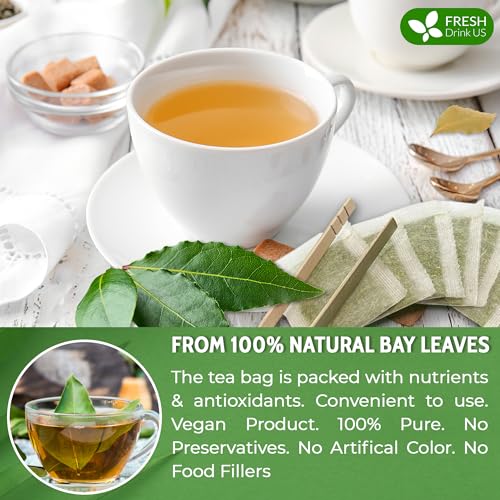 Image of FreshDrinkUS, Premium 40 Bay Leaf Tea Bags, 100% Natural & Pure from Bay Leaves. Loose Leaf Bay Herbal Tea. Made with Natural Material Tea Bags, No Sugar, No Caffeine, No Gluten, Vegan.