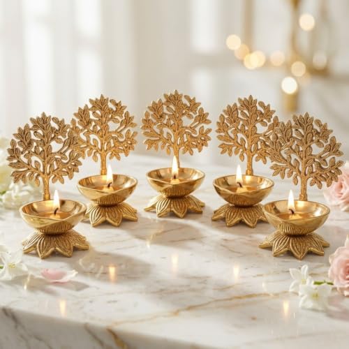 Image of Behoma 100% Pure Brass Kalpvriksha Diya Set of 5 for Puja | Handcrafted Tree of Life Deepak for Mandir, Temple, Home Decor & Office | Decorative Brass Oil Lamp | Diwali Gift & Return Gift